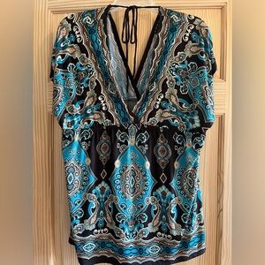 FANG Brown Turquoise Sleeveless Blouse V Back Size XL